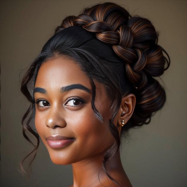 Create a realistic image with one person only, featuring a female presenting individual with dark brown skin and natural dark brown hair styled into an elegant twisted crown braid updo, complete with soft curls framing the face, caramel highlights, and a bouffant at the crown.