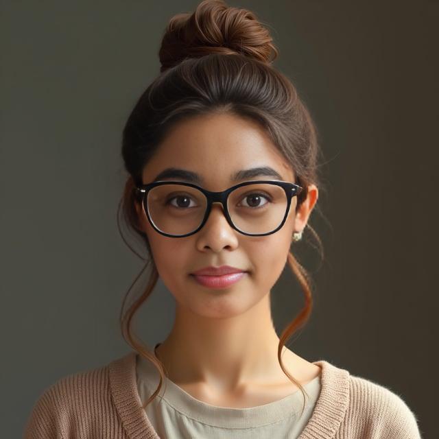 Create a realistic image with one person only, featuring a female with an oval face, medium skin tone, wearing glasses, and styled with a 'Summer Elegance Topknot' hair design, resembling the provided gender and ethnicity.