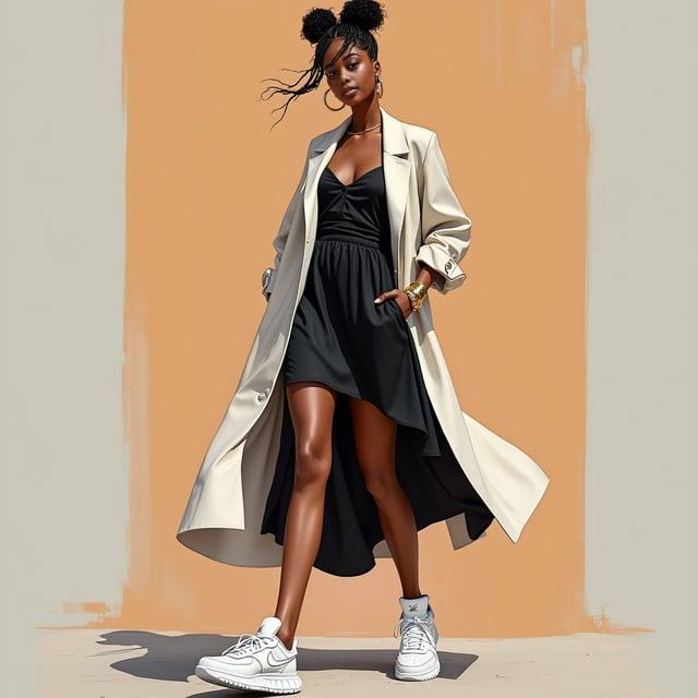 Depict a realistic image with a female person attending a sneaker ball event. She has a 'Summer Elegance Topknot' hair design, wears a sleeveless high-low black dress paired with a lightweight summer blazer, accessorized with gold hoop earrings and a gold cuff bracelet, and white designer sneakers.