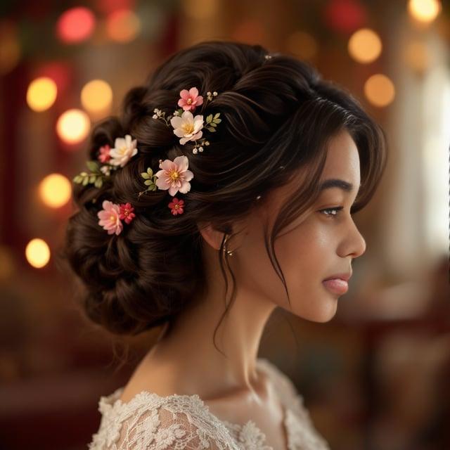 Create a realistic image with one female person only, featuring a woman with a medium-length intricate braided updo, adorned with floral pins. Her hair color is rich black with deep brown highlights. The setting should convey a festive and traditional ambiance.