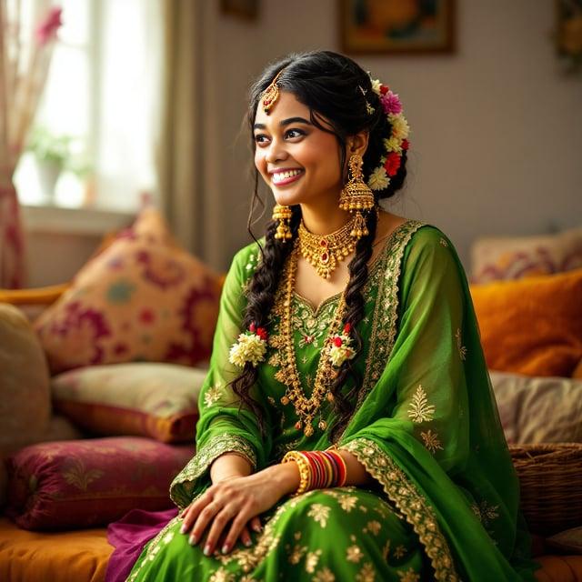 Depict a realistic image with a female person celebrating Teej Festival at home with family. She's wearing a green Anarkali suit with golden embroidery, complemented by a chiffon dupatta and Kolhapuri sandals. Her hair is styled in an intricate braided updo with floral pins. Accessories include gold jhumka earrings, a set of red and green glass bangles, and a floral maang tikka.