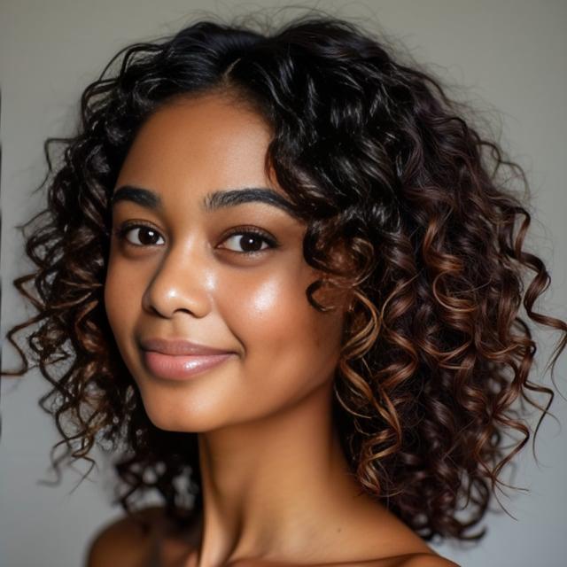 Create a realistic image with one person only, a female with rich espresso-colored, shoulder-length natural curls. The woman has a round face, warm skin tone, and the hair has subtle caramel highlights, medium volume on top and layered.
