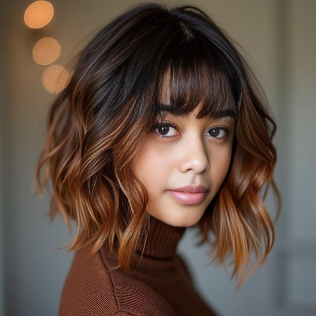 Create a realistic image with one person only, portraying a female with a warm chocolate brown layered bob, caramel and auburn highlights, soft waves, and side-swept bangs, reflecting an autumn cozy vibe.