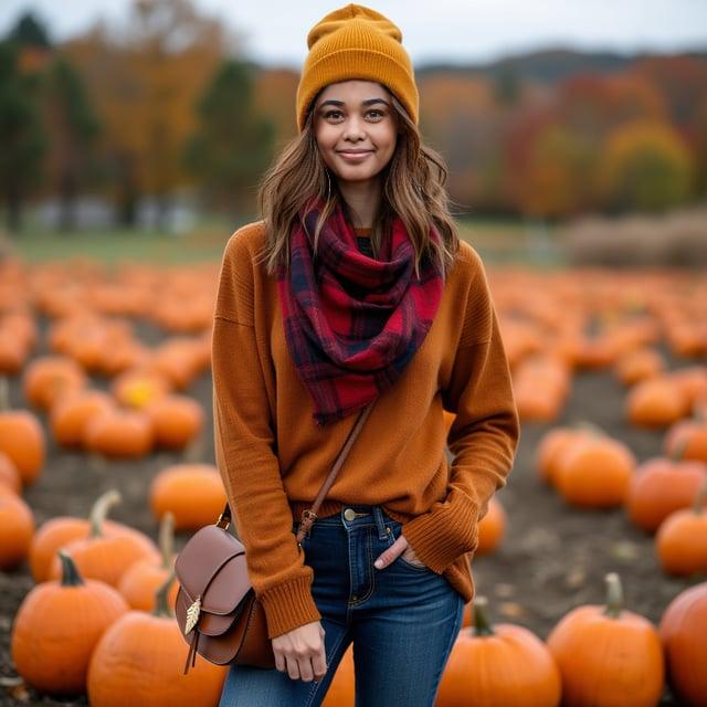 Depict a realistic image with a female person in a rustic pumpkin patch on an autumn afternoon. She should have a warm chocolate brown layered bob with caramel and auburn highlights, and be dressed in an oversized burnt orange sweater, medium wash skinny denim jeans, and a deep red plaid scarf. Accessorize her with tan suede ankle boots, a cognac leather crossbody bag, a mustard yellow wool beanie, and gold-toned leaf earrings.