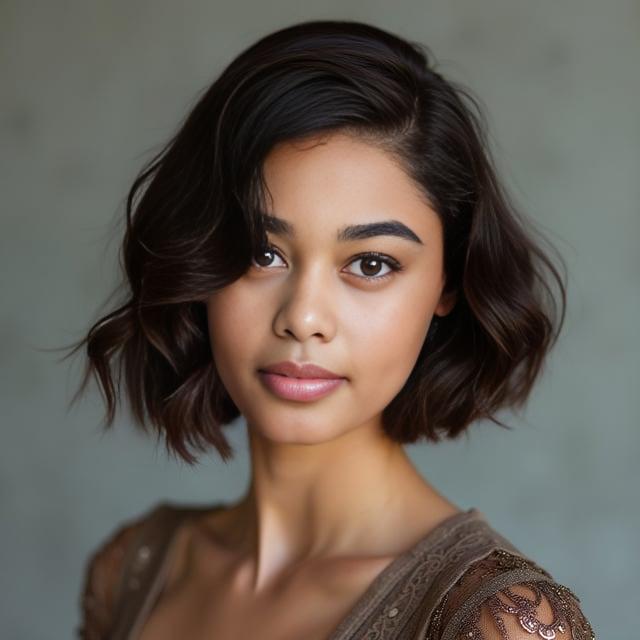 Create a realistic image with one person only, featuring a female with a rich chocolate brown chin-length bob haircut styled in structured waves, with a side parting giving off a 1920s aesthetic, complementing medium skin tone and round face shape.