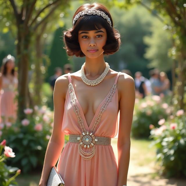 Depict a realistic image with a female person attending a 1920s-style garden cocktail party in springtime, wearing a sleeveless pastel pink chiffon dress with drop waist and bead embellishments, complemented by silver T-bar heels, a beaded clutch, an Art Deco crystal headband, and layers of pearl necklaces. Her hair is styled in a chocolate brown chin-length bob with structured waves and a side parting, reminiscent of Gatsby-era glamour.