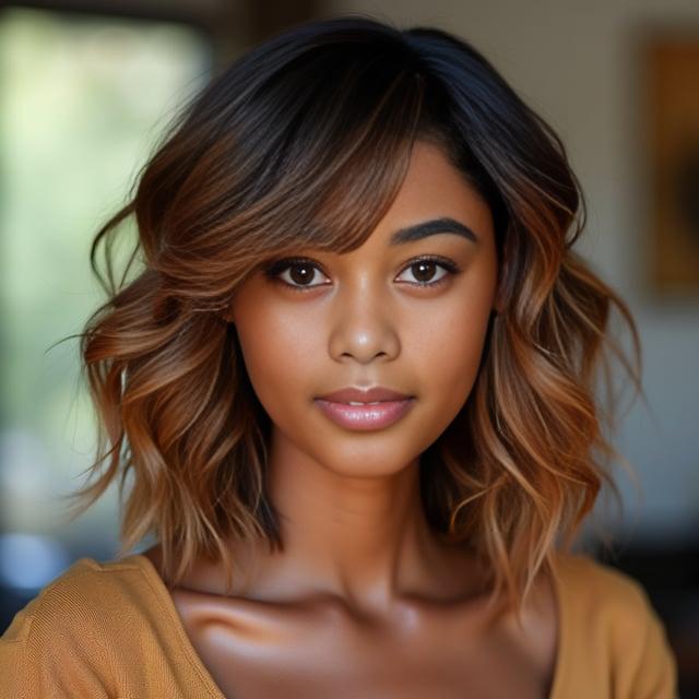 Create a realistic image with one person only, an African-American female with a medium-length layered wavy hairstyle, warm caramel brown hair with honey highlights, side-swept bangs, and a skin tone matching the person in the provided photo.