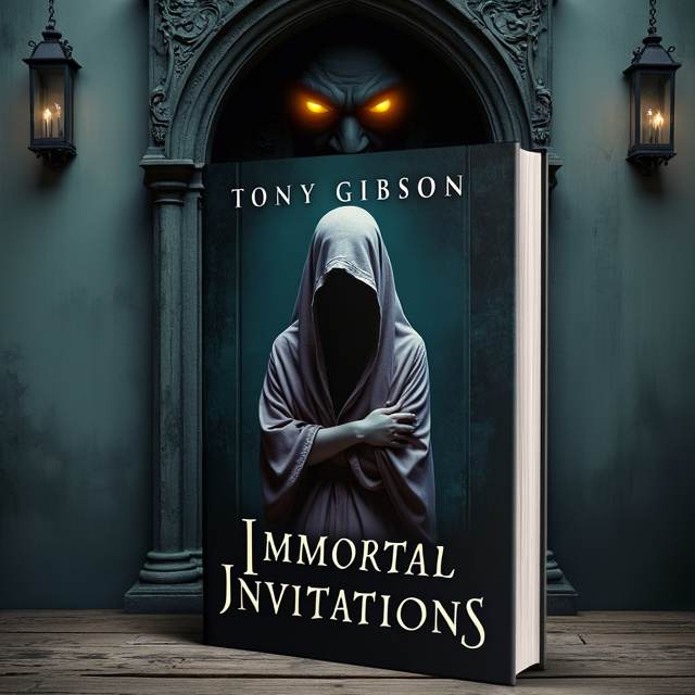 The cover features a lady drapped in cloth, standing in front of a gothic entrance door. Her face is hidden, adding an air of mystery. Above her, a vampire face looks down on her, with glowing yellow-orange eyes. The overall style is spooky and gothic, capturing the essence of the thriller and suspense genre.