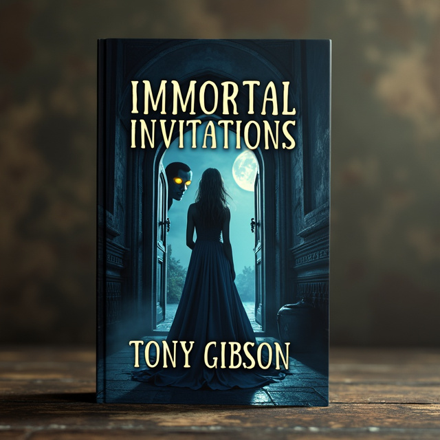 The cover features a dark and mysterious scene. In the foreground, a lady dressed in a flowing cloth stands in front of a gothic door, looking out into the distance. In the background, a vampire with yellow glowing eyes lurks, watching over her.