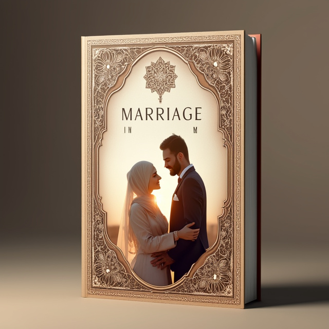 The cover features a beautiful image of a Muslim Arab bride and groom, standing close together and looking at each other with love and happiness. The image is framed by intricate Islamic patterns, symbolizing the importance of religion in their relationship.