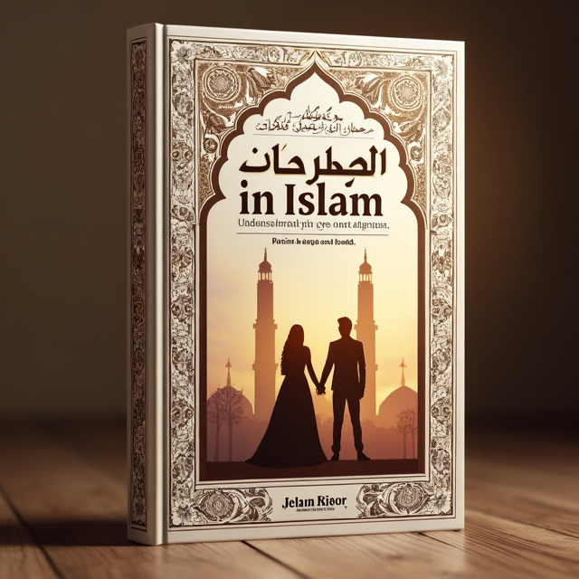 The cover features an elegant and intricate design with a beautiful background of a mosque and Arabic calligraphy surrounding it. In the center, there is a silhouette of a Muslim bride and groom, symbolizing the theme of marriage in Islam.