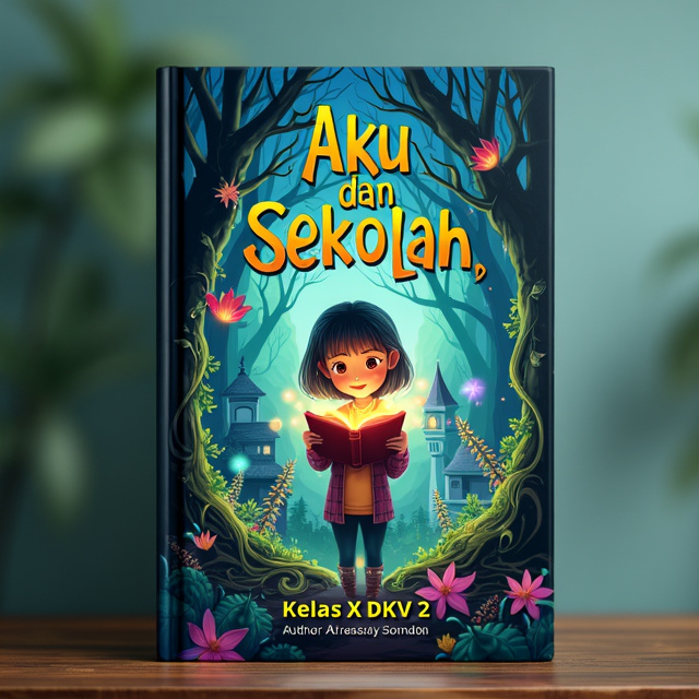 The cover features a mystical forest scene with vibrant colors and swirling patterns. The protagonist, a young girl, is shown holding a magic book. Behind her, an enchanted school building is partially visible, adding an element of mystery to the design.