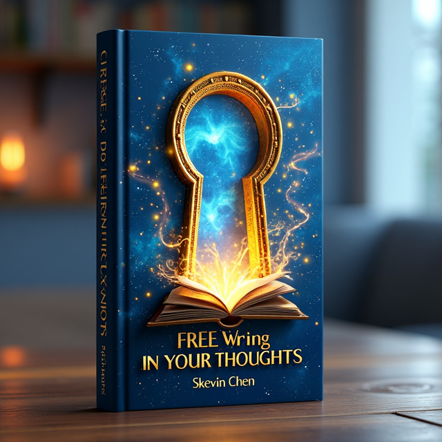 The cover features a vibrant blue background with a subtle galaxy pattern. In the center, there is an intricate golden keyhole, surrounded by swirling golden lights. Emerging from the keyhole is a magical book, floating in space. The title of the book is written in elegant golden font, with the author's name below it in a more playful, whimsical font.