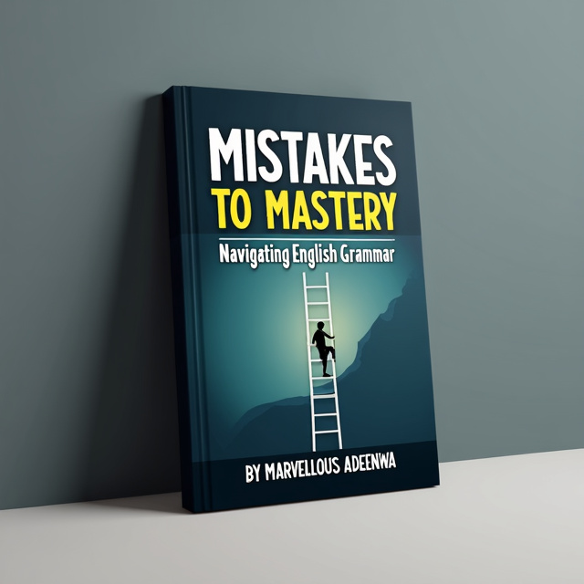 The cover features an image of a person climbing a ladder of success, with each rung representing a different aspect of English grammar. The person is depicted with determination and focus, symbolizing the journey from making mistakes to mastering the language. The background is a subtle gradient, transitioning from a darker shade at the bottom to a lighter shade at the top, signifying progress and growth.