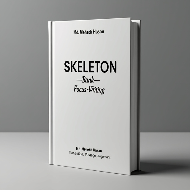 The cover features a clean and minimalist design with a focus on typography. The title "SKELETON-Bank Focus Writing" is prominently displayed at the top, using a bold and modern font. The subtitle "Translation, Passage, Argument" is placed below, in a slightly smaller font size. The background is a solid gray color, representing professionalism and sophistication. The layout is balanced and symmetrical, with the title and subtitle centered on the cover.