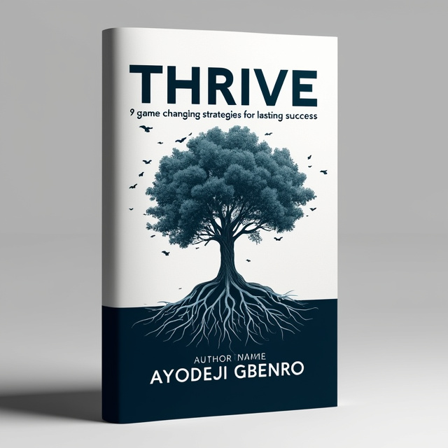 The cover features an illustration of a strong, resilient tree with deep roots, symbolizing personal and professional growth. The tree stands tall amidst a storm, representing the challenges faced in life. The title "Thrive" is prominently displayed at the top, with the subtitle "9 game changing strategies for lasting success" below it. The author's name is placed at the bottom, complementing the overall design.