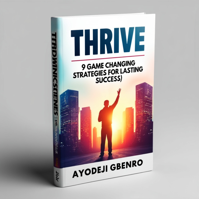The cover features a vibrant and dynamic image of a person standing confidently amidst a backdrop of skyscrapers, symbolizing personal growth and success. The title "THRIVE" is prominently displayed at the top in bold, modern typography, while the subtitle "9 GAME CHANGING STRATEGIES FOR LASTING SUCCESS" is placed at the bottom in a clean and sleek font. The primary color of the cover is white, creating a sense of simplicity and elegance.