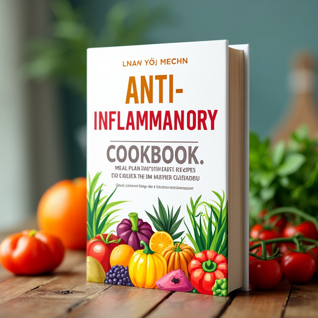 The cover features a vibrant and colorful illustration of various fruits and vegetables, symbolizing the healthy and nourishing recipes in the cookbook. The title is displayed prominently in a clean and modern font, with the words "anti-inflammatory" highlighted in bold and contrasting colors.