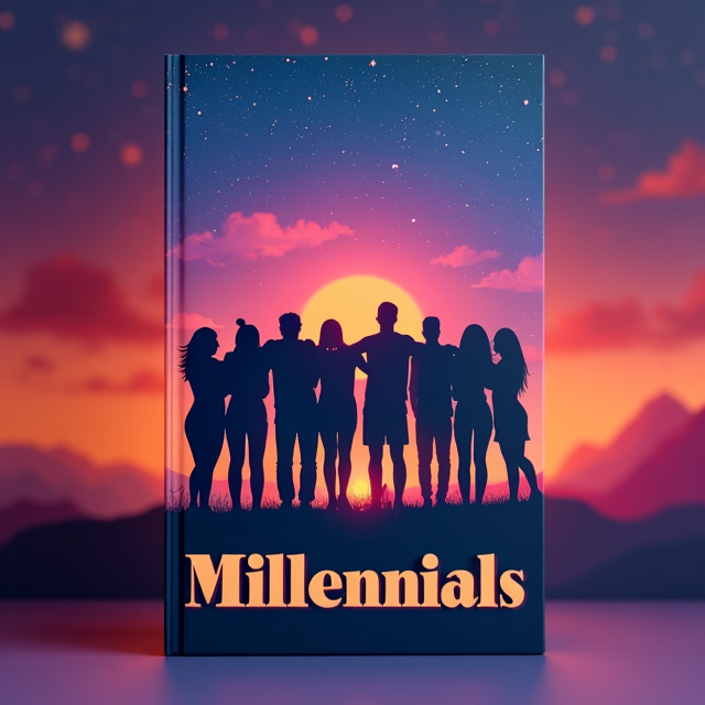The cover features a silhouette of 8 people, 4 guys and 4 girls, hugging each other against a backdrop of a vibrant sunset. Above them, stars twinkle in the night sky, creating a dream-like atmosphere.