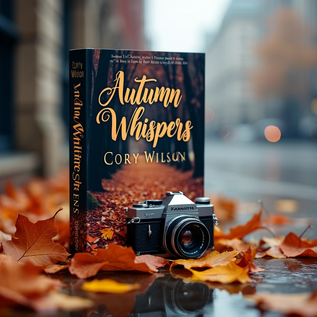 The cover features a close-up shot of autumn leaves scattered on the ground, with a blurred background of a rainy cityscape. A vintage camera is placed on top of the leaves, symbolizing the profession of the main character, Samantha, who is a photographer.