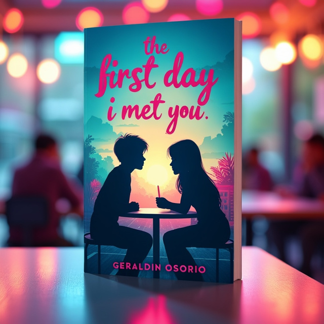 The cover features two adolescent figures sitting at different tables in a school cafeteria. They are shown in silhouette form, with a warm and vibrant background showcasing hues of blue and pink. The figures are depicted in a romantic embrace, subtly hinting at the theme of the book.