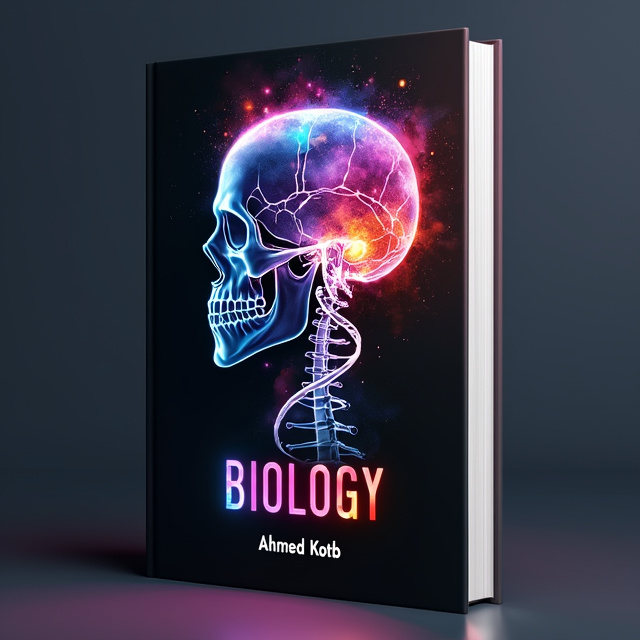 The cover features a black background with a skull as the central element. The skull emits a vibrant and colorful light, which represents the various aspects of biology. The light illuminates different parts of the skull, such as the DNA strands and skeletal structure, creating a visually striking effect.