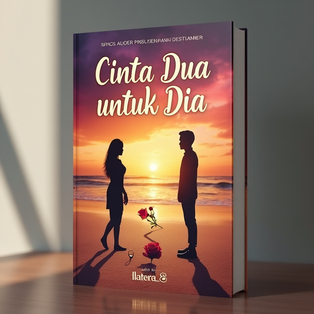 The cover features a sunset beach scene as the background, with warm colors like orange, pink, and purple filling the sky. Two silhouettes, one male and one female, stand at opposite ends of a forked road. The woman is positioned on the left side, and the man is on the right side, symbolizing their emotional distance and contrasting choices. The silhouettes are slightly turned away from each other, conveying inner conflict and hesitation. In the center of the road, there is a split rose, half on one side and half on the other, emphasizing the dilemma of love. A ring or necklace is also placed on the sand, representing the divided love or the decision to be made.