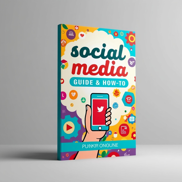 The cover features a bright and colorful background with various social media icons scattered across it. In the center, there is a friendly and approachable cartoon character holding a smartphone with a social media app open on the screen.