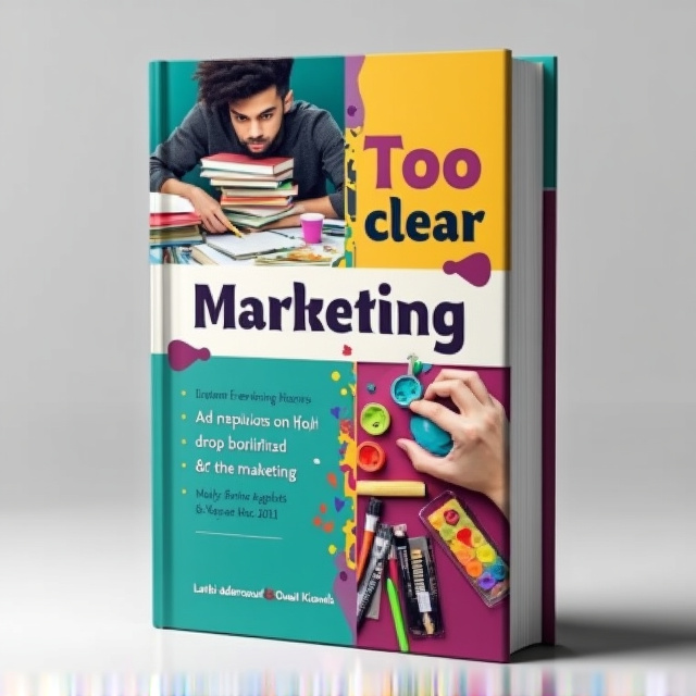 The cover is split into two halves, with a clear dividing line down the center. On the left side, there is an image of a person studying and surrounded by books, representing the serious and analytical side of marketing. On the right side, there is an image of a person holding a paintbrush and surrounded by colorful art supplies, representing the creative and artistic side of marketing. The images are arranged in a dynamic and visually appealing way, creating a sense of contrast and balance.