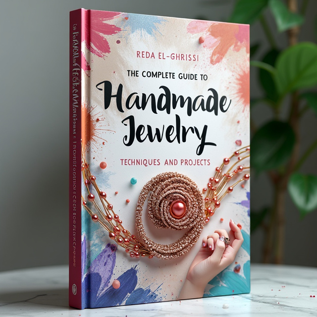 The cover features a vibrant, abstract background with splashes of color and flowing lines. In the center, an elegant, handcrafted jewelry piece is showcased, reflecting the creativity and elegance of the book's content. A delicate, stylized hand adds a touch of inspiration and craftsmanship.