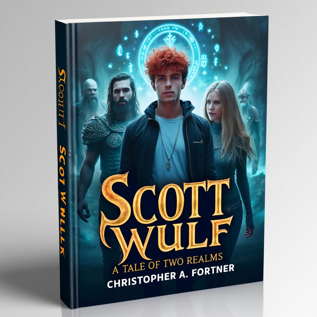 The cover features a young modern-day man with red hair and facial stubble in the middle, representing the protagonist. Standing next to him is a blonde young modern-day woman with glowing blue runes, symbolizing the magical elements of the story. Surrounding them are elvish warriors, depicting the fantasy realm. The composition is dynamic and captivating, drawing the viewer's attention to the central characters.