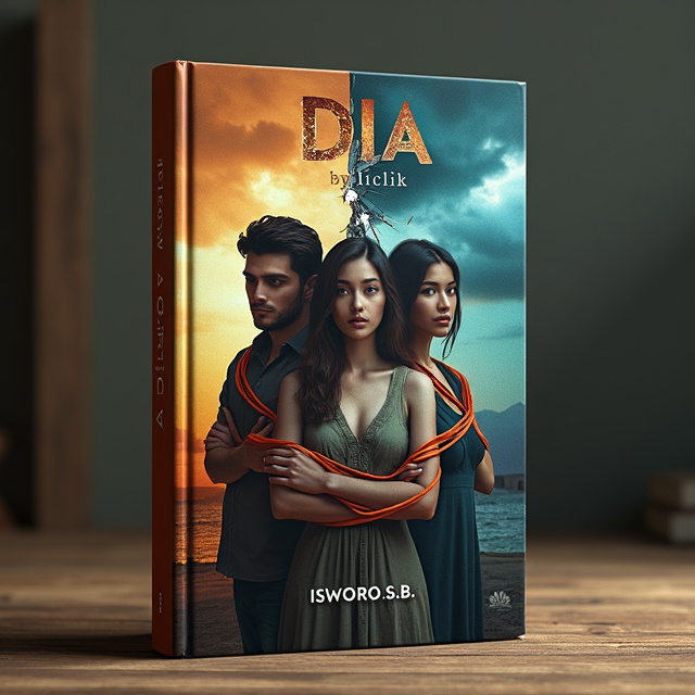 The cover features three central characters in the foreground, with Character A positioned slightly forward, Character B behind and to the left, and Character C to the right. The background is split, with a serene, warm setting on one side and a darker, stormy scene on the other. Intertwined objects, such as a ribbon, wrap around the arms or hands of the characters. A cracked mirror or broken glass behind Character A reflects distorted images of Characters B and C.