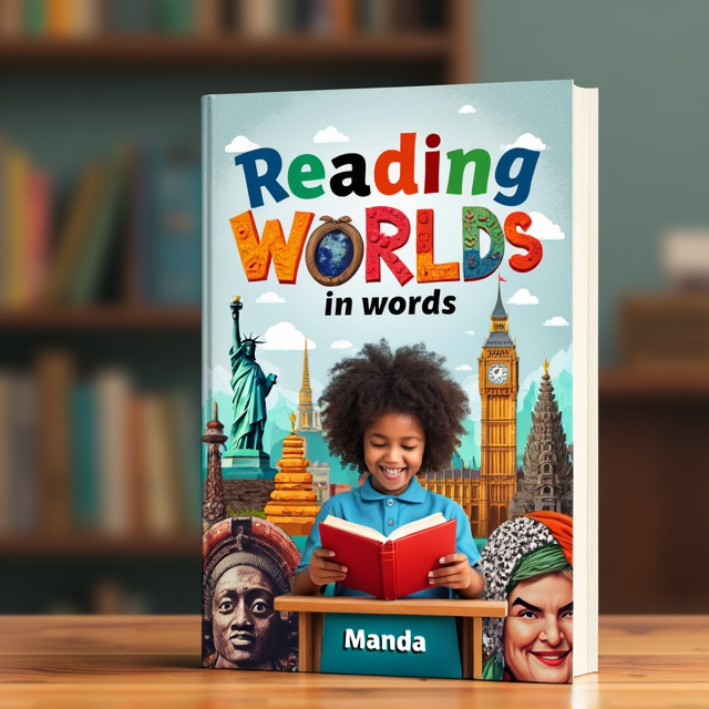 The cover features a student sitting in a classroom, engrossed in reading a book. Around the student are images of famous landmarks from different countries, such as the Statue of Liberty, Big Ben, Borobudur Temple, and tribal masks from Papua. The background is a vibrant collage of colors representing the diverse cultures of the world.