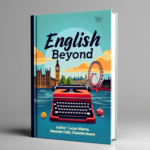 The cover features a vibrant and colorful background of a cityscape, symbolizing the global reach of the English language. In the foreground, there are various iconic English symbols such as Big Ben, the London Eye, and a vintage typewriter. The title "English Beyond" is prominently displayed in bold and dynamic typography, with the authors' names shown below.