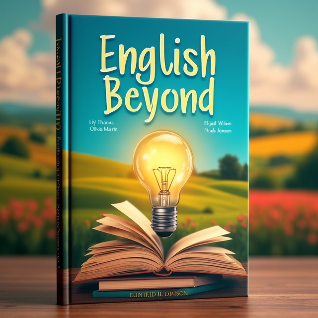 The cover features a vibrant background of an English landscape with rolling hills and a clear blue sky. In the foreground, there is a stack of open books, symbolizing knowledge and learning. On top of the books, there is a glowing light bulb, representing enlightenment. The title "English Beyond" is displayed prominently at the top of the cover, with the author names arranged in a circle around the light bulb.