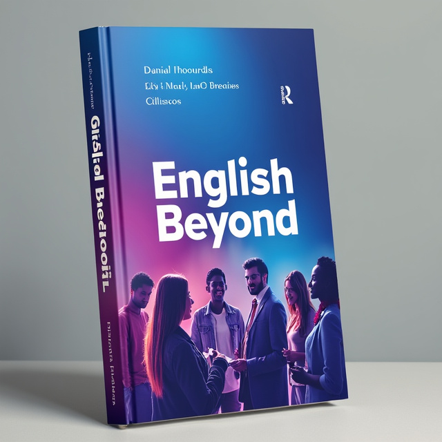 The cover features a vibrant background in shades of blue and purple, with a gradient effect that adds depth. In the center, the title "English Beyond" is prominently displayed in bold white letters, with each letter separated by a small gap. On the left side, the author names Lily Thomas, Olivia Martin, and Daniel Collins are arranged in a stylish and elegant font, also in white. To the right of the title, a group of diverse people are shown engaging in conversation, symbolizing the inclusive nature of the book.