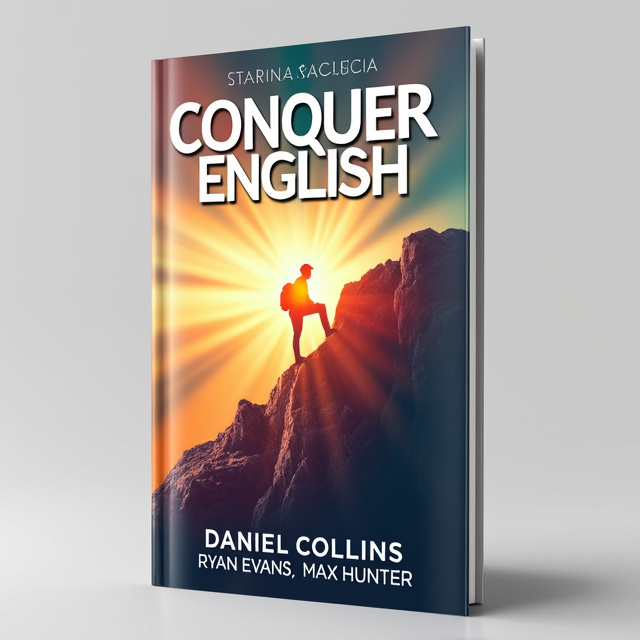The cover features a bold and powerful image of a person climbing a mountain, symbolizing the journey of conquering the English language. The image is set against a vibrant and energetic background with rays of light bursting through, representing hope and optimism.
