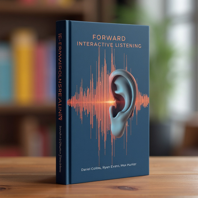 The cover features a close-up shot of a person's ear, with sound waves radiating outwards. The title "Forward Interactive Listening" is placed vertically along the sound waves. The names Victoria Adams, Jameson Pierce, Isabella Monroe, Nathaniel Brooks, Audrey Russell, are arranged in a circular shape around the ear, symbolizing the collaborative effort of multiple authors.