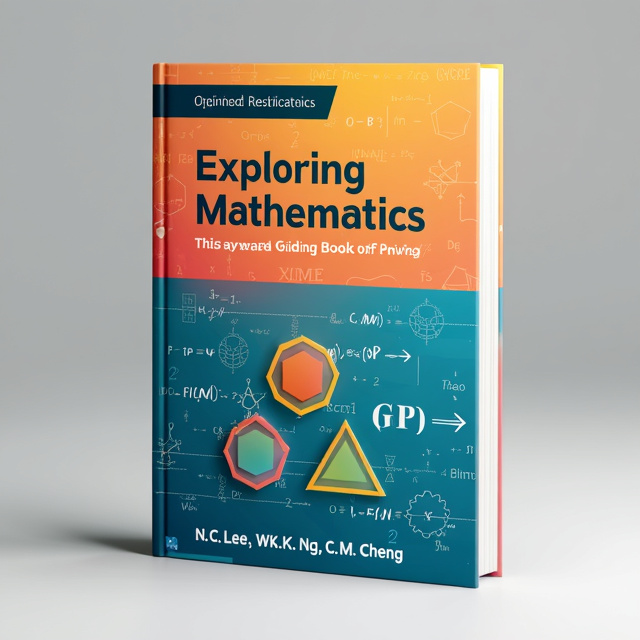 The cover features a vibrant mathematical equation pattern as the background, with a bold title "Exploring Mathematics" centered at the top. On the bottom half, there are three smaller equations arranged in a triangle shape, representing the three authors. The equations are overlaid with translucent illustrations of geometrical shapes, adding a visual element to the cover.