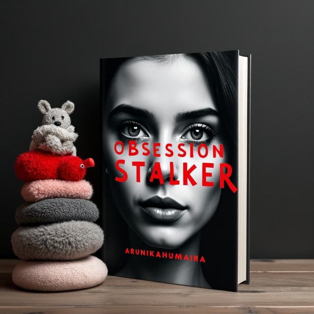 The cover will feature a close-up image of the face of a young woman with a cute and innocent expression. The image will be in black and white, except for the eyes which will be in color to create a striking contrast. The background will be a dark, solid black to add a sense of mystery and intrigue. In the foreground, there will be a stack of unique and quirky items, such as stuffed animals and small gifts, symbolizing the obsession of the stalker.