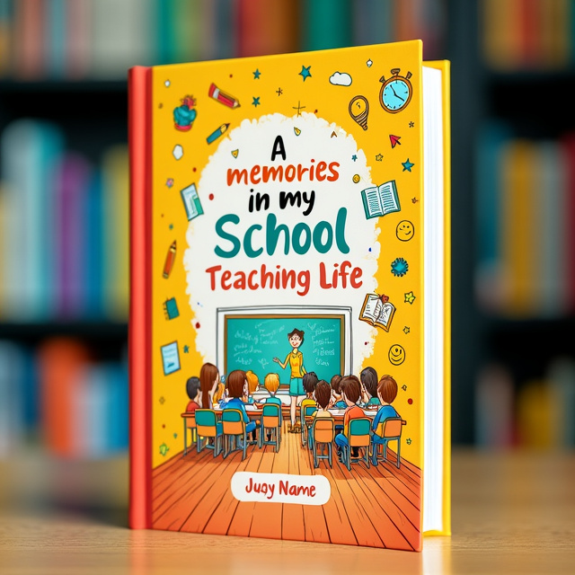 The cover features a bright and eye-catching background in shades of yellow and orange, symbolizing the vibrant energy of school life. In the center, there is a hand-drawn illustration of a classroom filled with students and a teacher, representing the teaching experience. Surrounding the illustration are small icons depicting various daily activities and emotions, such as books, pencils, a smiley face, and a tear. These elements capture the essence of the book's genre, showcasing the range of emotions and experiences in the teaching profession.