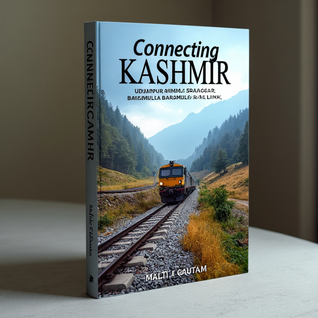 The cover features a stunning photograph of a train crossing a scenic landscape in Kashmir. The title "Connecting Kashmir" is prominently displayed in bold, elegant typography at the top of the cover, while the author's name "Malti Gautam" is placed at the bottom. The train and its surrounding elements create a sense of movement and adventure, capturing the essence of the book's genre.