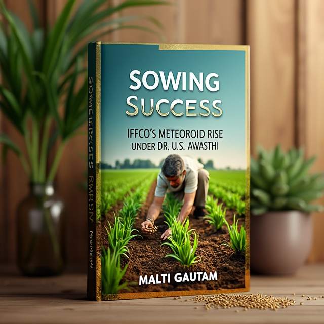 standing book mockup, Its title is "Sowing Success IFFCO’s Meteoric Rise under DR. U.S. AWASTHI". Its author name is Malti Gautam.  The cover features a close-up image of a farmer sowing seeds in a field. The image is vibrant and has a sense of motion, with the seeds being scattered in the air. The farmer's face is not shown, allowing the reader to imagine themselves in that position. The image is framed with a golden border, giving it a touch of elegance. The book title is displayed in a bold, uppercase font that is easy to read. The author's name is shown below in a slightly smaller font, creating a hierarchy of information., The title and author's name are centered vertically and horizontally on the cover. The image of the farmer is placed behind the text, taking up the majority of the cover. The golden border serves as a visual separation between the image and the text.