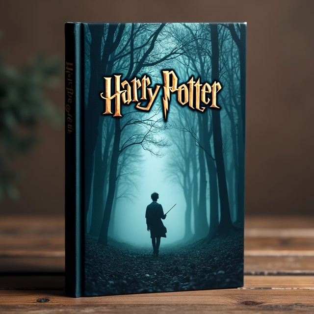 A dark and mysterious forest with trees shrouded in mist, casting long shadows. In the center of the cover stands a solitary figure, Harry Potter, holding a wand and facing an unknown threat lurking in the shadows.
