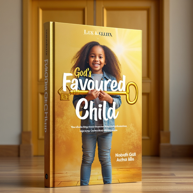 A young child, around 8 years old, is depicted standing in front of golden doors with a large golden key in their hands. The child is facing the camera, exuding happiness and joy. The golden doors behind them symbolize opportunities and blessings, while the key represents their special connection to God. The overall mood of the cover is vibrant and uplifting.