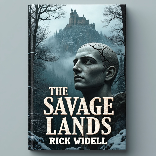 The cover features a close-up of a cracked head from a crumbled stone statue in the foreground, symbolizing the decay and destruction in the Savage Lands. In the background, there is a snow-swept woods with a grey mountain towering over it, where a castle sits ominously on top.