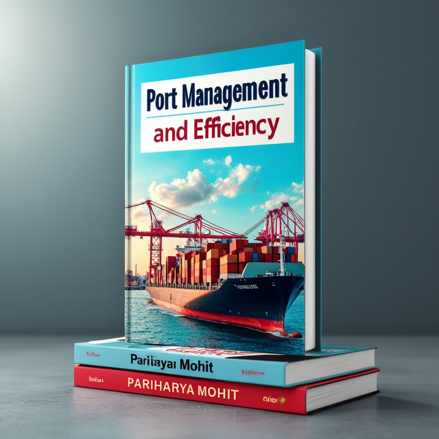 The cover features a vibrant and dynamic image of a port with a large cargo ship docked, surrounded by bustling activity. The title "Port Management and Efficiency" is displayed prominently across the top, with the author's name "Parihariya Mohit" shown at the bottom. The overall style is modern and eye-catching.