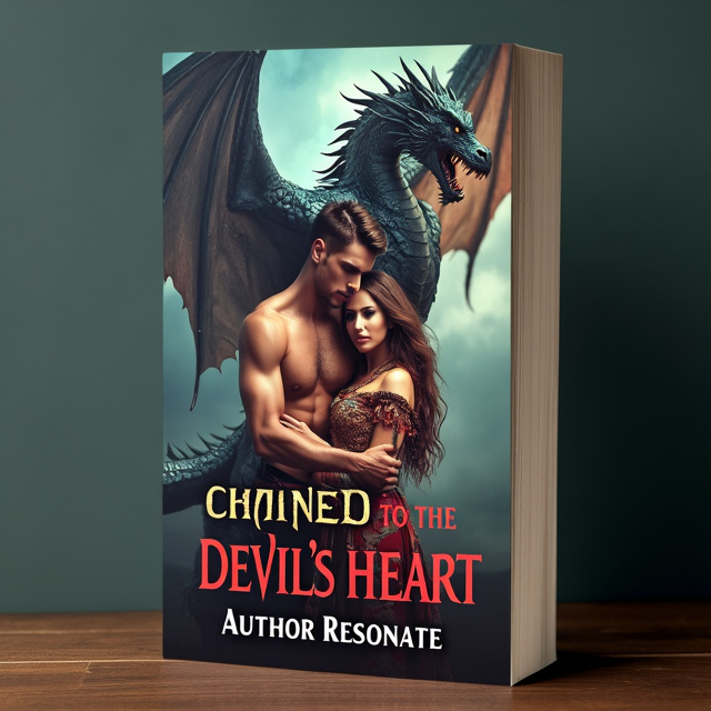 A dragon flying in the air with its wings spread wide, dominating the upper half of the cover. In the lower half, a handsome man is holding a lady possessively, her head resting on his muscular chest. The man is shirtless, showcasing his strength, and he holds a gleaming dagger in his hand. The lady is dressed in a native American cloth from the 15th century, adding a touch of historical fantasy to the scene.