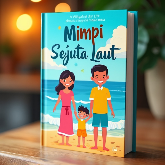 The cover features a vibrant and colorful illustration of a family of three, with a smiling mother, father, and child. They are depicted holding hands and standing on the beach, with waves crashing in the background. The overall style is cheerful, inviting, and full of warmth.