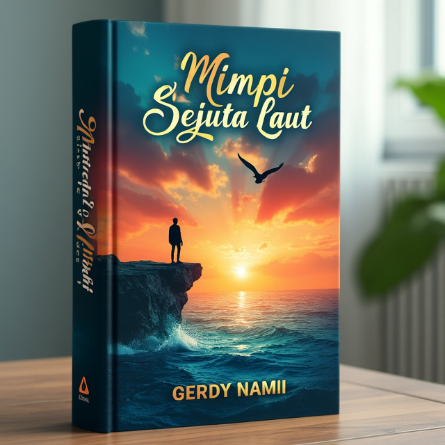 The cover features a stunning sunset scene over an expansive ocean, with vibrant colors and rays of light shining through the clouds. In the center, a solitary figure stands on a rocky cliff, looking out towards the horizon. A majestic seagull soars above, adding a sense of freedom and adventure to the composition.